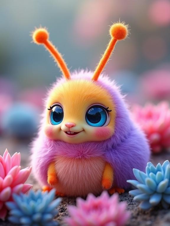 Charming whimsical bug-like creature with vibrant fluffy body. Sitting in colorful garden with pastel succulent plants. Large blue eyes and orange antennae create a joy-filled expression.