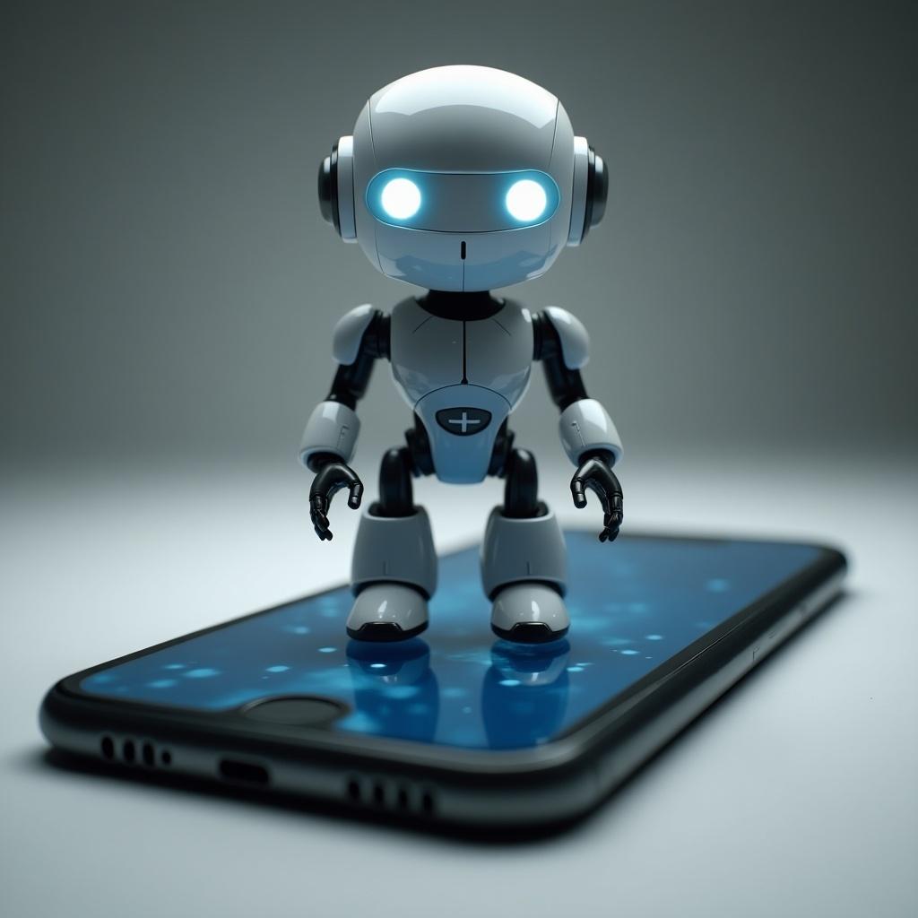 A small robot stands on a smartphone. The robot is white with glowing eyes. The smartphone is large and displays digital elements.