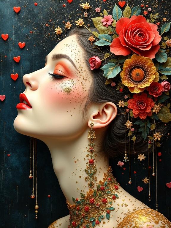 Masterpiece 3D multi-layered artwork. Features a woman with flowers in hair. Intricate details enhance colorful aesthetic. Evokes love and pleasure themes.
