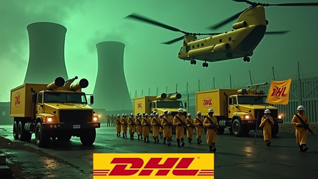 In a dramatic scene, several large yellow armoured trucks equipped with double barrel roof-mounted cannons drive up to a fence. The sides of the trucks clearly show the DHL logo. Nearby, several soldiers wearing yellow uniforms and holding rifles are seen marching together in unison. One soldier is holding a large flag with the DHL logo clearly visible. In the background, we can see the prominent smokestacks of a nuclear power plant, glowing green. The sky is awash with an evil green glow, and a large yellow Chinook CH-47 cargo helicopter flies above, adding to the intensity of the scene. At the bottom, we see the DHL logo, displayed in bold, yellow text.