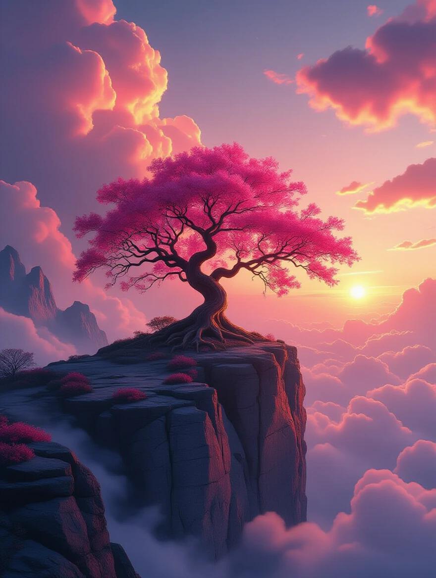 A magnificent tree with vibrant pink leaves stands proudly on a rocky cliff. The background features surreal crimson clouds illuminated by soft light of the setting sun. An ethereal atmosphere with swirling fire and ice elements creates a magical scene with highly detailed elements. The aesthetic resembles fantasy artworks seen in popular culture.