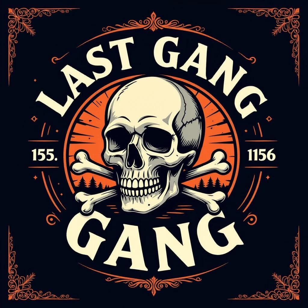 Logo design features name Last Gang. A skull graphic is prominently displayed above the text. Bold typography with a rustic feel. Uses an orange and black color scheme. Intended for brand identity. Evokes an edgy and rebellious vibe.