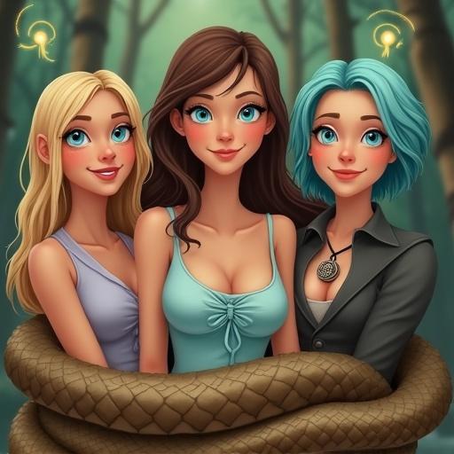 Three animated women depicted from the chest up with a large coiled snake around them. Women have light to medium skin tones. The woman on the left is blonde with blue eyes and wears a light lavender-grey garment. The center woman has brown hair and wears a light blue top. The woman on the right has short teal-blue hair with a dark garment and ornate pendant. The background features blurry greens and browns suggesting foliage with swirling light effects.