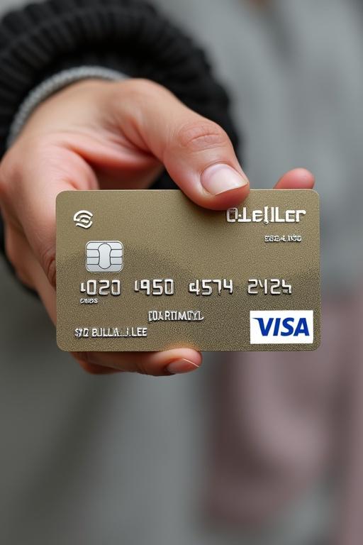 A close-up of a gold Visa card being held. The card shows the name Bella Lee and relevant card information.