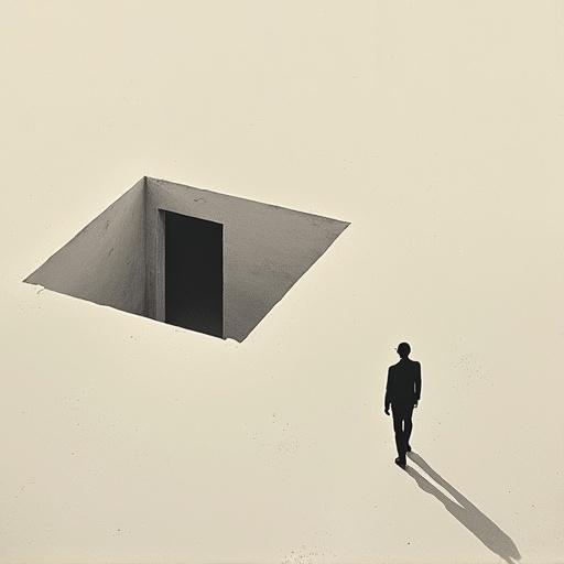 Birds eye view of a tiny human standing near a large hole in a vast empty space. Surreal and minimalist style with oversized elements and elegant composition. Clean background with subtle grain texture. Modern poetic tone emphasizes isolation and exploration.