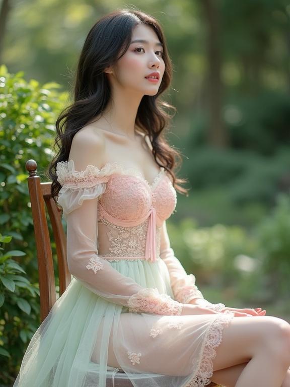 Full body shot of a young Chinese lady sitting in a chair in a garden. Adorned in a pastel-colored, transparent outfit. The outfit includes delicate lace in shades of pink, cream, and mint green. The style features a sweetheart neckline with off-the-shoulder design. A full white piece under her waist creates a vintage fairytale feel. She wears high heels and has long hair styled in loose waves. Pale pink stockings and garter belts complete the ensemble. Soft natural light enhances the serene atmosphere of the lush garden.