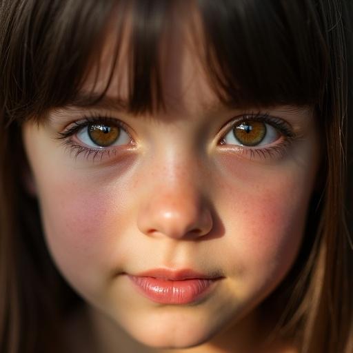 Extreme close-up of young girl with straight dark brown hair and brown eyes. Natural beauty with no makeup. Eye-level shot with 85mm camera. Shallow depth of field and warm golden-hour lighting.
