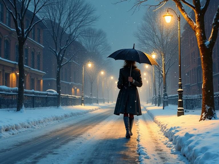 A woman walks alone on a snowy street. She holds a black umbrella. Street lamps glow softly around her. Snowflakes fall heavily. The scene reflects a painterly impressionist style. The atmosphere feels warm despite the cold. The icy pavement shows reflections of the lights.