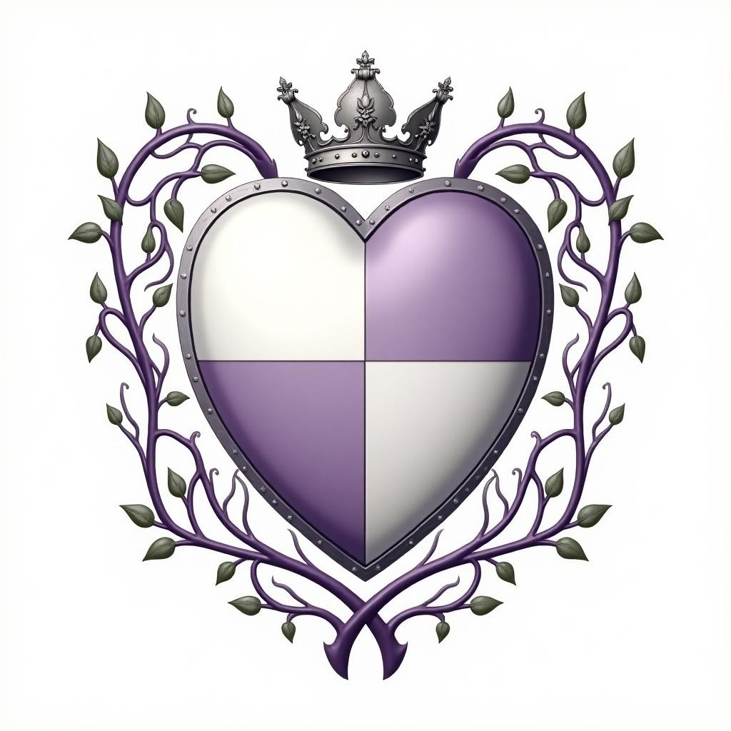 Heart-shaped heraldic shield features four charges. Upper left and lower right display white charges. Upper right and lower left showcase pastel-purple charges. Embellished with silver ducal coronet and vines. Includes motto reading 'Dulcius Ex Asperis'.