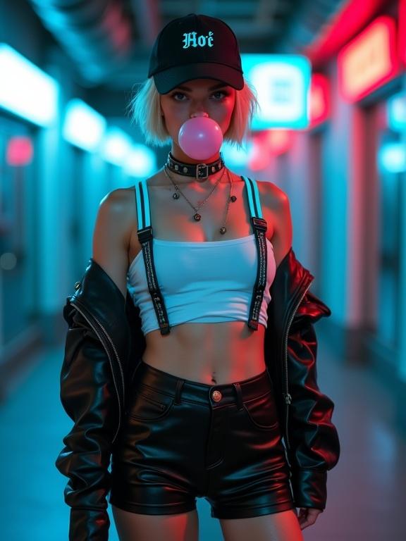 Photo features young woman with slender athletic build in futuristic urban setting. Light skin short blonde hair blowing bubblegum. Wearing black cap white letters Ho👇 white crop top black leather jacket over neon blue braces attaching shorts. Black shiny tight-fitting shorts and pantyhose. Background shows dark industrial corridor with neon lights and blurred signage. Artificial lighting creates cyberpunk atmosphere. Medium close-up slightly low-angle camera angle focusing on upper body. Shallow depth of field blurs background. Leading lines in corridor draw attention to subject. High aesthetic quality with sharp details realistic textures. Lighting highlights shiny skin glossy shorts. High-end digital camera settings used for photography.