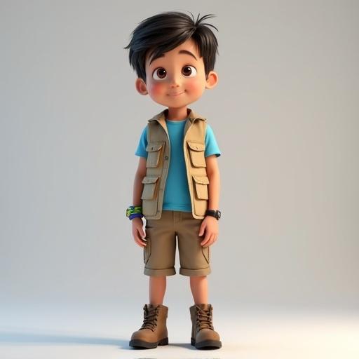 Ultra-detailed Pixar-style 3D character render of 8-year-old boy. Full-body pose standing naturally. Soft facial features with detailed brown eyes. Wearing light beige explorer vest with pockets over blue t-shirt. Khaki cargo shorts and sturdy brown hiking boots. Accessorized with autism awareness woven bracelet and practical digital watch. Background is solid light grey. Soft natural studio lighting showing realistic skin and fabric textures. Render quality is cinematic with high attention to detail.