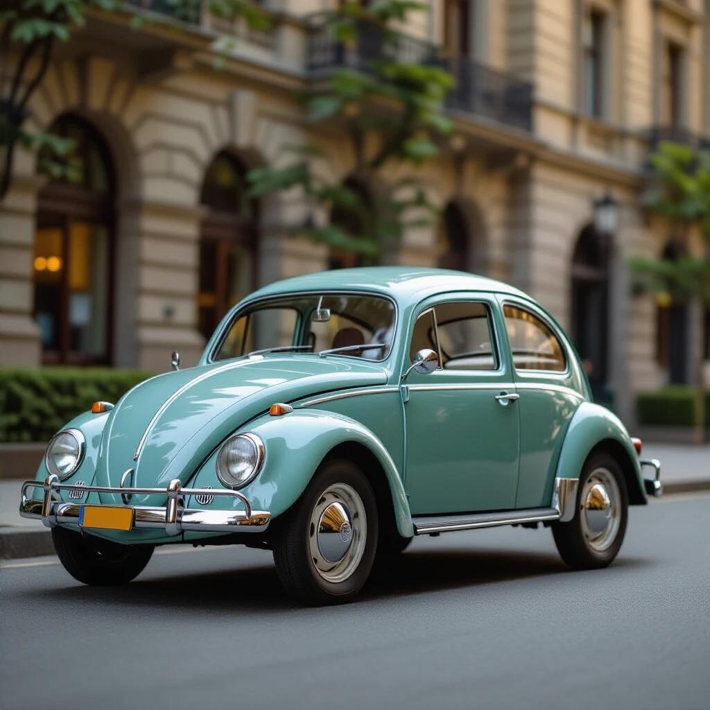 Ultra-sharp archival photograph features a pristine 1950s Volkswagen Beetle in mint green color. The car occupies most of the frame showing a low-angle side profile against a pure white background. Other details include chrome accents, classic flat hubcaps, and leather steering wheel. No distractions present in the image. Composition is centered and sharp without any blurs or textures.