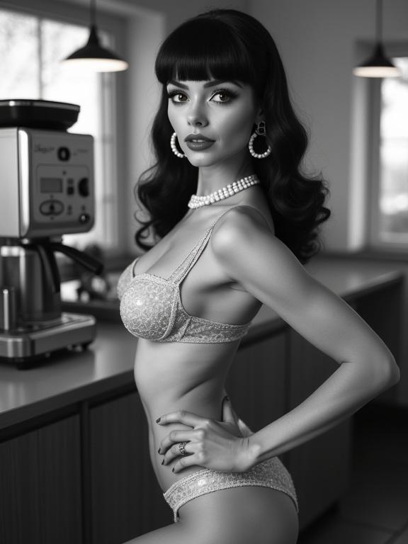 Black and white abstract noir image showing a female figure modeling in a vintage break room. Vintage coffee maker in the background. Subject has shiny dark hair with bangs and is wearing a fitted bikini. Makeup is evocative with false eyelashes and matching lipstick. She wears pearl necklace and large hoop earrings. Light illuminates her face beautifully. The pose is slinky and dynamic, capturing a fit feminine figure.