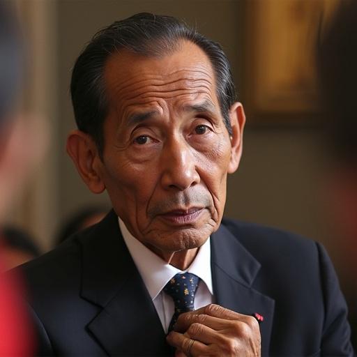 Close-up portrait of an older man in formal attire with a serious expression. The setting has a subtle background indicating a political or formal context.