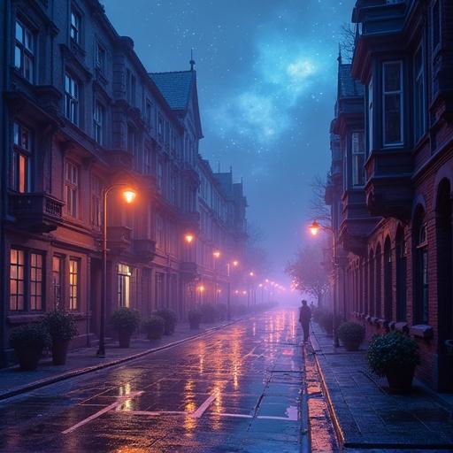 A captivating image of a nebula street at night. Street lamps line a wet pavement reflecting soft lights. Buildings show an architectural flair under a starry sky.