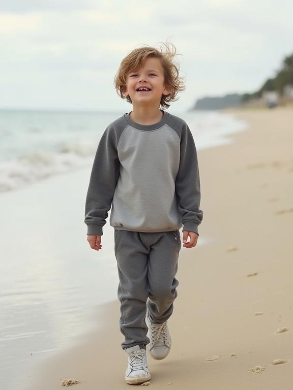 Little boy in gray sweatshirt and sweatpants walks along a sandy beach. Boy smiles brightly. He wears lace-up sneakers. Background shows beach and ocean.