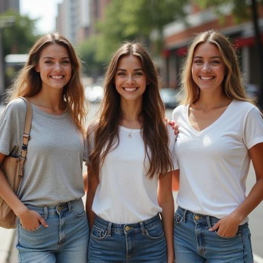 Three models wearing t-shirts stand together in an urban street. They have long hair and are dressed in casual clothing. The photo is taken in daylight showcasing a lively city background. The width of each image is 960px. The style is modern and photographic.
