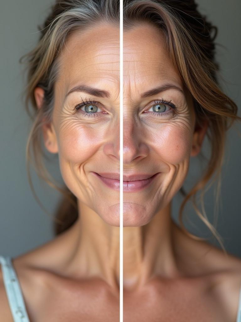 Before and after images depict the effects of anti-aging treatment on a mature woman. First image reflects a neutral expression with no smile. Second image shows a smile following the treatment. The right side represents the positive results of the treatment.