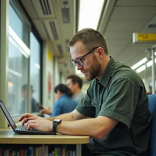 A man sits in a train reading while waiting for mobile notifications. His laptop is open as he engages with his surroundings. The scene captures a moment of concentration and anticipation.