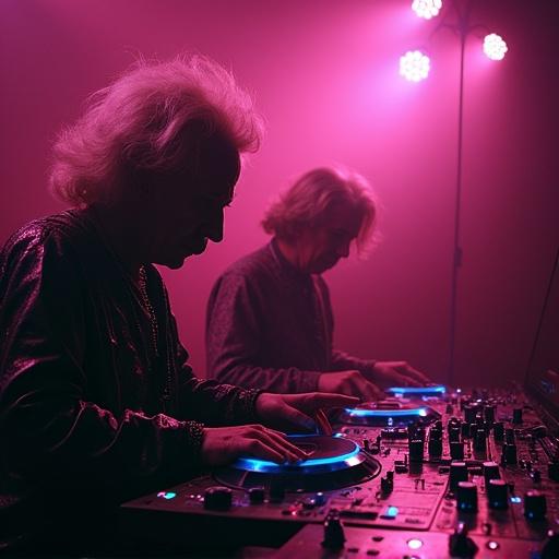 Ultra realistic nightclub scene featuring DJing. Artists embody historical figures from different eras. Distinctive atmosphere in Berlin underground techno setting. Dynamic lighting and DJing equipment visible.
