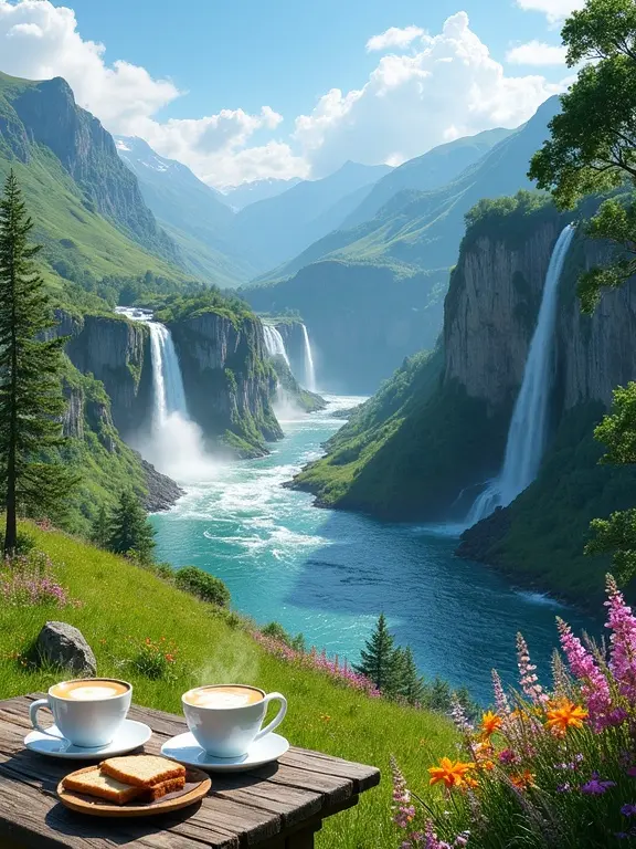 Breathtaking valley landscape with multiple cascading waterfalls and a flowing river. Tall rugged gray cliffs and lush greenery. Clear blue-green river reflecting sky. Valley floor has vibrant green grass and wildflowers in pink, purple, yellow, and orange. Rolling green hills and distant mountains with mist under a blue sky with white clouds. Wooden table with two white ceramic coffee cups and sandwiches on plates. Illuminated by midday sunlight.