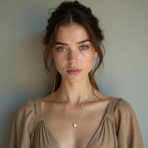 Portrait of a stunningly beautiful 25-year-old European village woman. Upper body view of an elegant symmetrical face. Refined aristocratic features with flawless porcelain-like skin. Soft maternal aura with warm almond-shaped eyes and long lashes. Delicately shaped flat eyebrows and serene expression. Natural light brown hair tied back in a modest style. Wearing a simple tasteful linen dress in earthy tones. Gracefully ample bust with suggested cleavage beneath fabric. Slim waist in highly detailed realistic texture. Soft diffused lighting enhances natural beauty against a clean minimalist background.