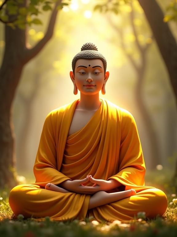 Sculptural representation of Shakyamuni Buddha sitting in meditation. Seated in ancient forest, dressed in flowing golden robes that radiate light. Expression serene and compassionate, with half-closed eyes and a gentle smile. Surrounded by softly blurred greenery and sunlight creating a festive environment. Animations reminiscent of Disney-Pixar. Blend artistic styles of Atey Ghailan, Jon Klassen, and Miki Asai. Vibrant golden-red tones enhance the visual appeal. Emphasis on calmness and peace in teaching ambiance.