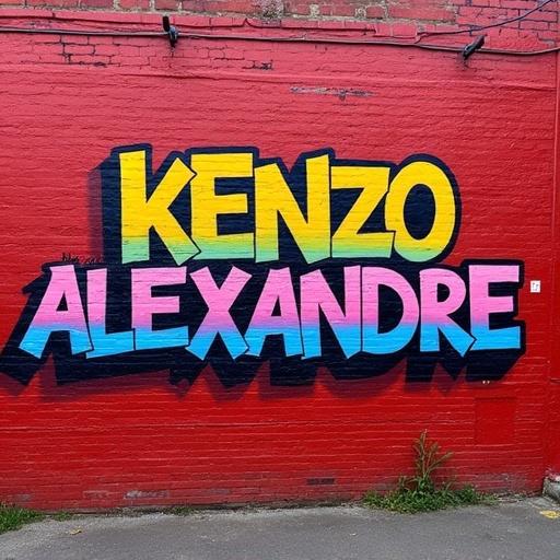 Vibrant gradient graffiti featuring the words KENZO ALEXANDRE on a red brick wall. Bright colors fill the letters against the textured wall.