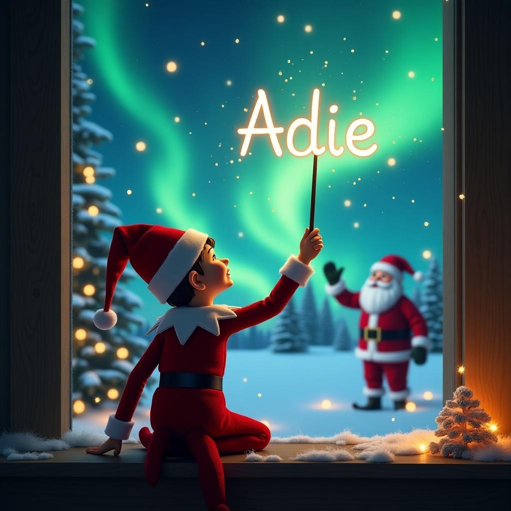 An elf on the shelf sits with his back to us, gazing up at the sky. He is holding a wand and writing 'Adie' in the air. The background shows a magical Christmas landscape filled with northern lights. In the distance, Santa Claus waves cheerfully. The scene is cozy and festive, enhancing the holiday spirit. Snow adorns the window sill, adding to the winter charm. This image captures the essence of Christmas magic and childhood imagination.