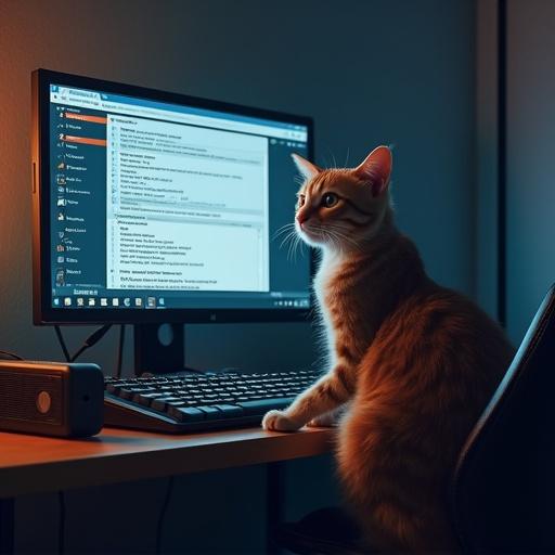 Cat sits in front of a computer monitor. RAR explorer is visible on the screen. The cat is looking sideways. The room has soft lighting.