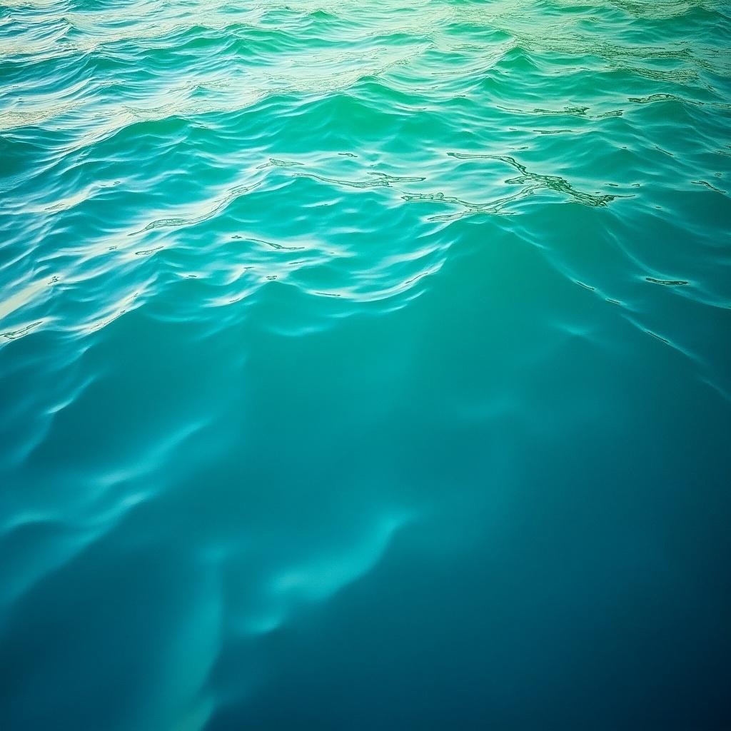 This image features a tranquil view of a water surface, showcasing a beautiful wave pattern in various shades of blue and green. The water appears calm, reflecting soft lighting that suggests a peaceful atmosphere. The colors blend smoothly, creating an inviting aesthetic. This serene scene captures the essence of nature's beauty, making it perfect for backgrounds or decorative uses. The overall composition emphasizes the fluidity and movement of the water, while maintaining a sense of calm and tranquility.