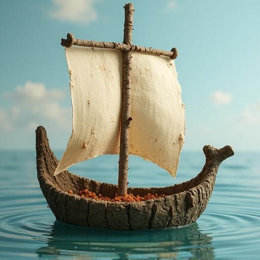 A child's boat made of tree bark. A toothpick acts as the mast. A piece of toilet paper serves as the sail. Water background. Distinctive craft project.