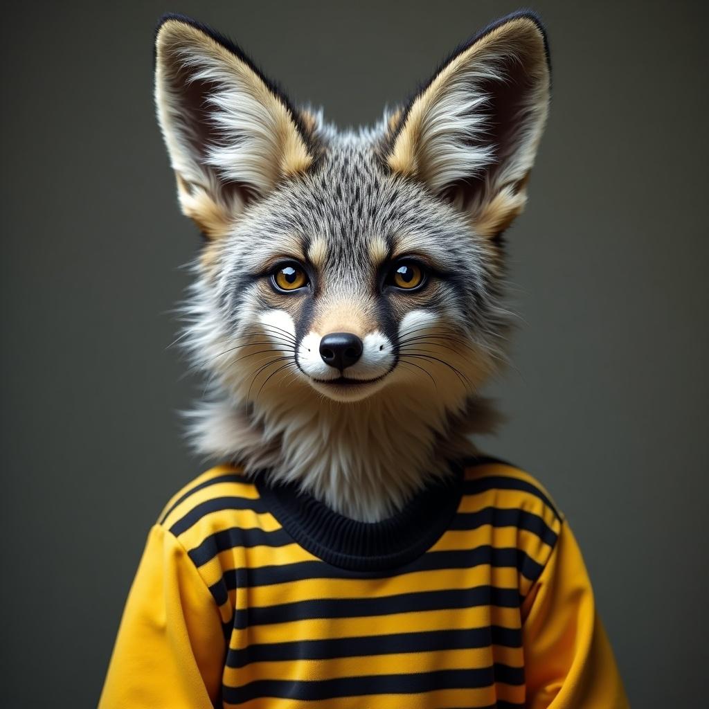 In this image, a gray Patagonian fox is anthropomorphized to resemble a sports enthusiast or 'barrabrava'. The fox is wearing a bright yellow and black striped jersey, showcasing both team spirit and personality. Its eyes are expressive and engaging, giving it a lively appearance. The backdrop is neutral, which emphasizes the fox's features and attire. The playful portrayal reflects a blend of wildlife and pop culture, appealing to both animal lovers and sports fans alike.