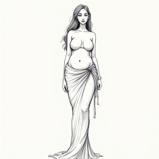 Basic sketch of a woman with exaggerated hourglass figure. Firm uplifted bust, flat waist, voluminous hips. Long hair. Minimal outline. Height of 5 ft 6 in. Age 32. Slim belly. Wearing a saree.