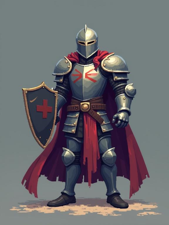 Create a knight character design. Knight is in full armor with a shield and sword. Features a cape and detailed metalwork. Artistic style is flat with pixel art influence. Background is simple and focuses on the character.