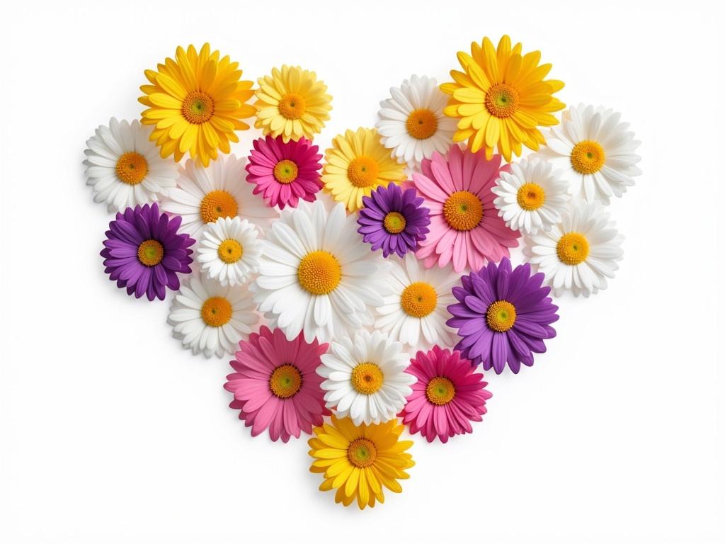 Create a heart shape using daisy flowers of various colors. The heart should be vibrant and filled with both large and small flowers. Include shades of white, yellow, pink, and purple for diversity. Make sure the flowers are arranged closely together, showcasing their petals and details. The background should be plain white to highlight the colorful flowers and the heart shape.