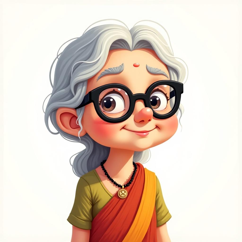 Character sheet of a cute old woman. She has black glasses and a closed-mouth smile. She wears a saree and has gray hair. Friendly and welcoming appearance.