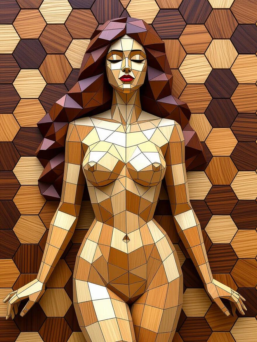 3D sculpture of a woman made from hexagonal wooden tiles. Crafted using various woods such as oak walnut maple and cherry. Polished finish reflecting light. Elegant art piece with a textured surface. Perfect for art galleries. High resolution and high quality.
