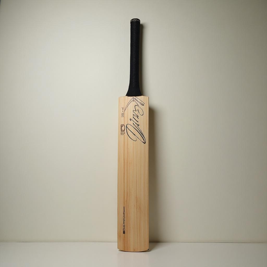 A cricket bat with a natural wood finish and a black grip. The bat is shown upright against a light gray background. The brand name is inscribed on the bat.