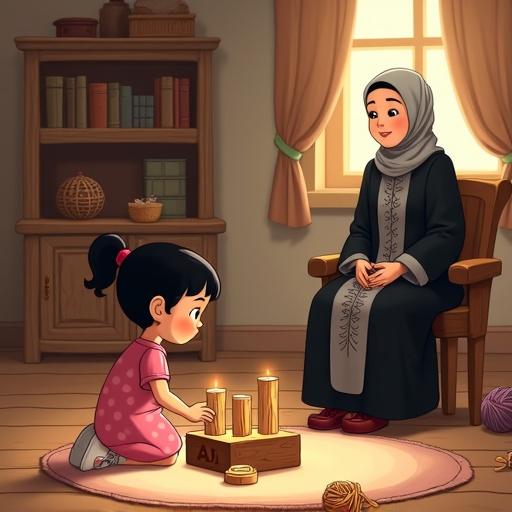 Cozy cartoon-style indoor scene with a young girl and her grandmother. Young girl in a pink polka dot dress kneels on a rug, opening a wooden box with pillars inside. Grandmother in black abaya sits on a chair with a crochet needle. Shelves filled with books in the background and warm light from a window.