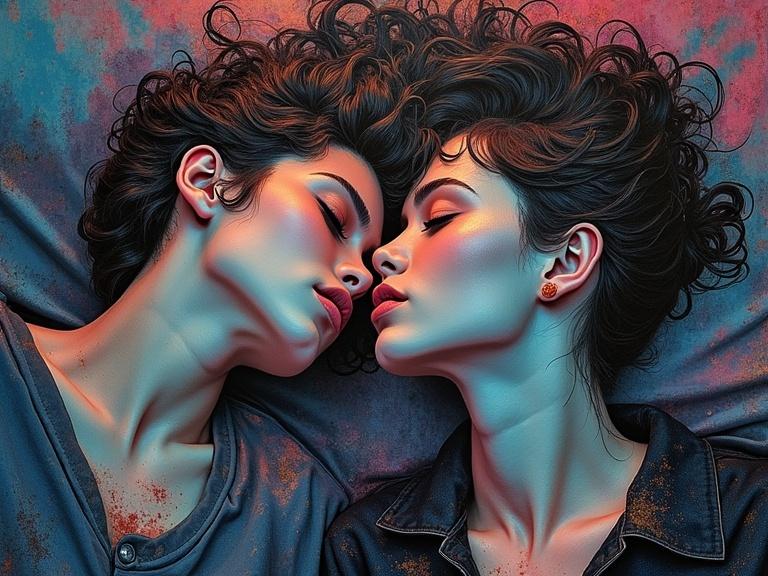 Two individuals lie closely together on a textured surface. Their faces are side by side, showcasing their features and curly hair. The colors are vibrant with deep blue, turquoise, and magenta tones. The artwork has a mix of acrylic, oil, and watercolor styles, creating an impasto effect.