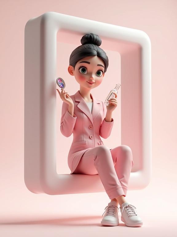 3D character of a full-length beautician in powder pink medical suit. She sits on a floating Instagram frame. Calm expression with dark hair in a bun, green eyes, and natural makeup. Right hand holds syringe with transparent drug, left hand holds small mirror or ampoule. Portray professionalism and care.