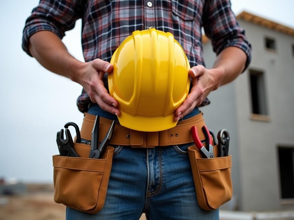 This image shows a construction worker standing with tools at his waist. The view is from the neck down, focusing on his strong hands holding a bright yellow hard hat. He is wearing a plaid shirt, and a utility belt loaded with various tools like pliers and a wrench. The background features a partially constructed building, hinting at an active worksite. This perspective emphasizes the tools of the trade and the dedication of the worker in a construction environment.