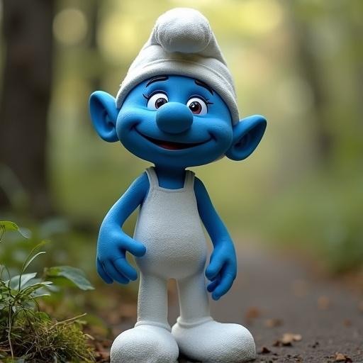A female slender smurf with a smile. Well-toned body in a forest setting. Natural lighting.
