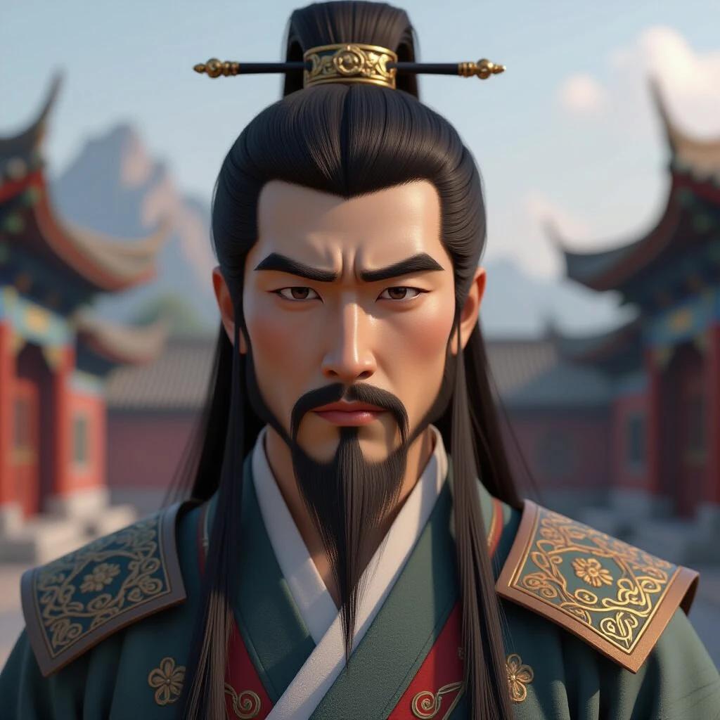 3D realistic ancient Chinese man. 35-year-old male. Black long hair tied in a bun. Square facial features. Frowning brows. Anxious expression. Wide nose. Slightly parted lips. Dark rough skin.