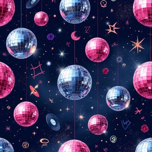 Seamless pattern featuring mirrored disco balls and zodiac signs with vinyl records and sparkles in space. Color scheme combines hot pink, galaxy blue, and chrome silver. Energetic and funky design with a retro-futuristic party vibe. Suitable for various applications.