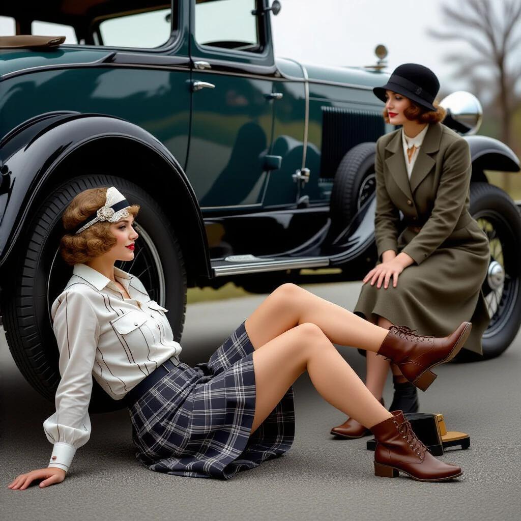 Scene from 1928 on the roadside featuring a woman mechanic beneath a vintage car. One pair of legs visible in a bent position with stylish vintage women's boots and stockings. Skirt hem shows a knee-length style from the 1920s. A second woman stands beside the car wearing a cloche hat, leaning forward. Visible details include a 1928 Ford Model A along with a jack under the axle due to a flat tire. The photography style mimics press photography of that era with a low-angle perspective.