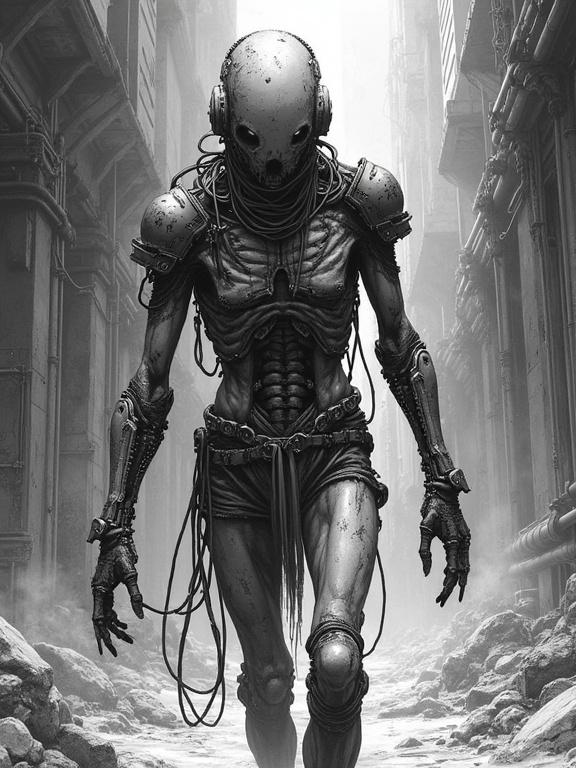 Emaciated biomechanical undead drifter in a collapsing megastructure. Body partially exposed with torn synthetic flesh and hanging cables. Makeshift armor with rusted plates and mismatched components. Blank corpse-like face with one eye missing. Tubes leaking fluid and joints hissing. Hunched and ragged posture. Background shows dirty industrial corridors and broken lights. Style inspired by Tsutomu Nihei with a gritty aesthetic.
