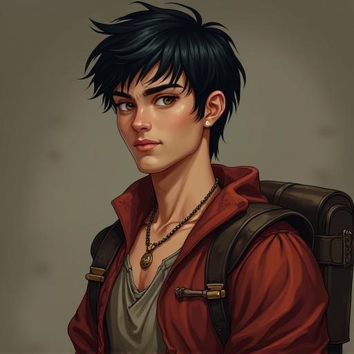 Male character in medieval fantasy attire. Features include honey skin tone, jet black hair with side-swept fringe, and hazel almond eyes. Wearing a tunic and leather, with a beaded necklace and a medieval backpack. Shows a personality that is humorous and protective yet secretly emotional.