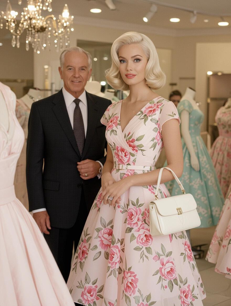 A stunning portrait features a 1960s woman with platinum blonde hair. She wears a pale pink floral chiffon dress that has petticoats and carries a white purse. An older man in a suit stands beside her, setting features a dress boutique with elegant decor.
